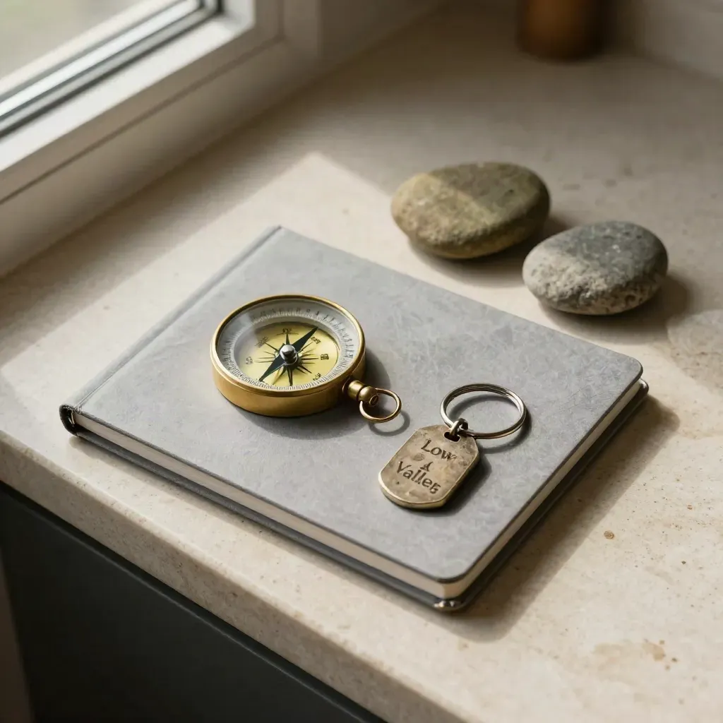 Flatlay of trip planning tools: compass, cabin key ring, notebook and route stones on pale stone.