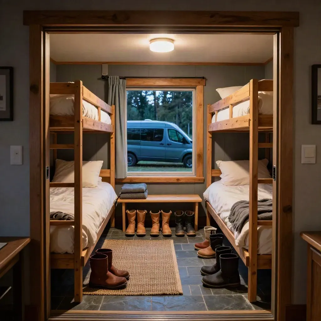 Ready lodge suite for six with bunks, lined boots, and a shuttle van outside at dusk.