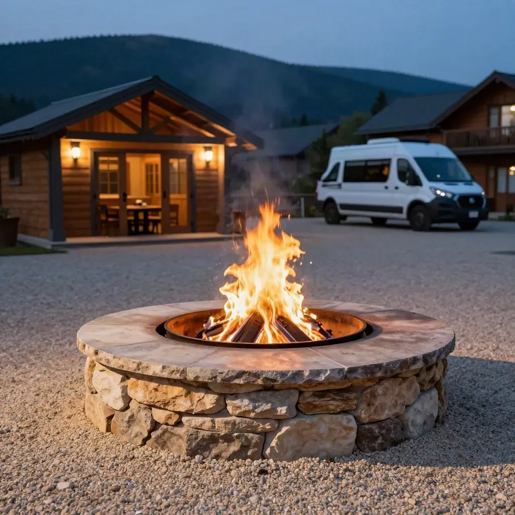 Dusk courtyard fire ring with cabins, pavilion, shuttle van, and glowing lodge lights in haze.