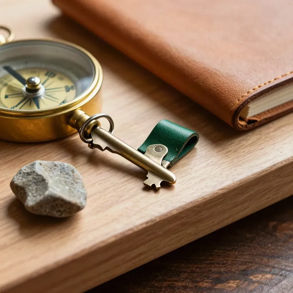 Macro still life of a brass compass, cabin keys, closed notebook, and ridge stone on walnut.