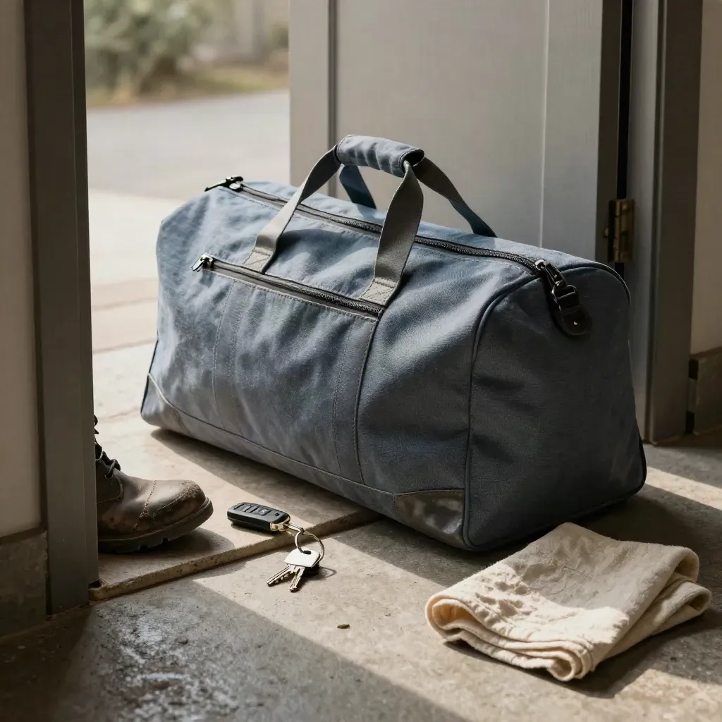 Duffel, boot toe, key fob, and lodge key ring at a doorway threshold