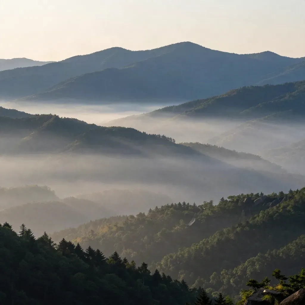 Blue Ridge Mountains at dawn with mist-filled coves and layered blue-green ridges